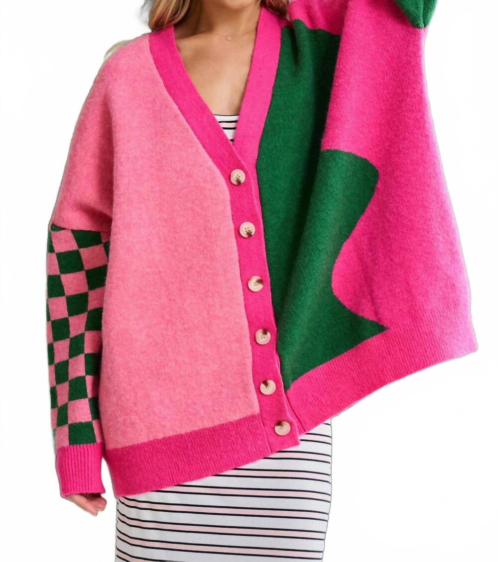 NEW JADE BY JANE color block mix pattern cardigan in pink/green combo
